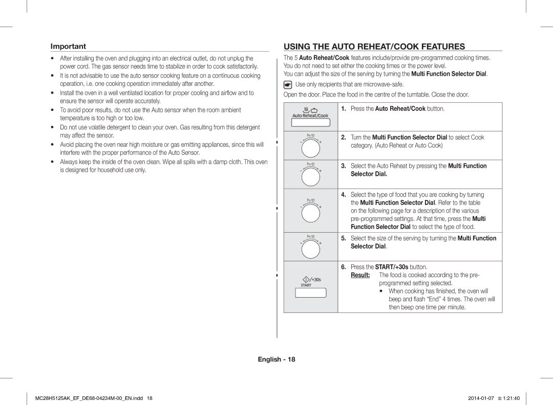 Samsung MC28H5125AK/EF, MC28H5125AW/EF manual Using the Auto REHEAT/COOK Features, Press the Auto Reheat/Cook button 