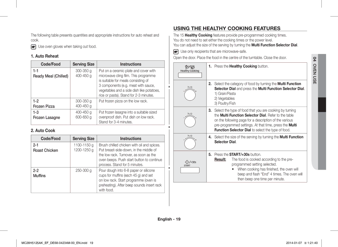 Samsung MC28H5125AW/EF, MC28H5125AK/EF manual Using the Healthy Cooking Features, Press the Healthy Cooking button 