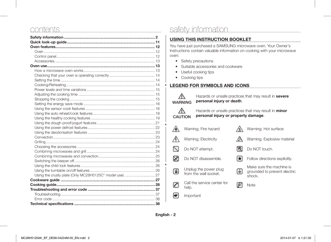 Samsung MC28H5125AK/EF, MC28H5125AW/EF manual Safety information, Contents 