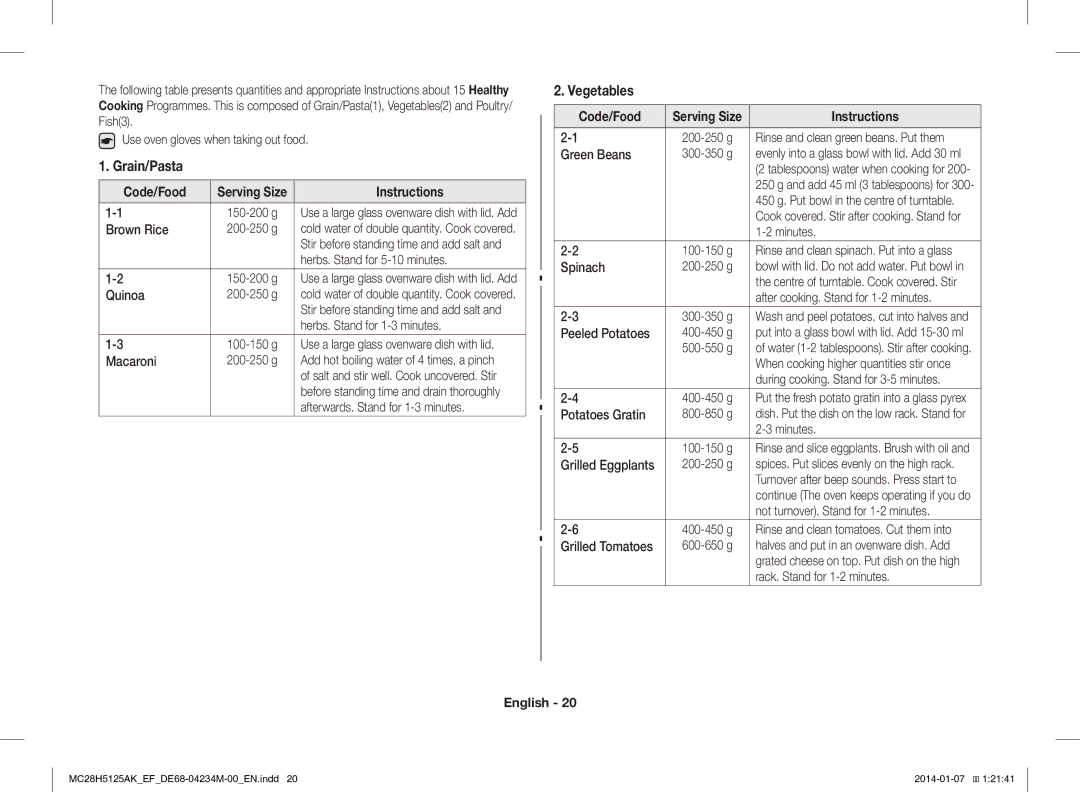 Samsung MC28H5125AK/EF Brown Rice, Herbs. Stand for 5-10 minutes, Quinoa, Herbs. Stand for 1-3 minutes, Macaroni, Spinach 