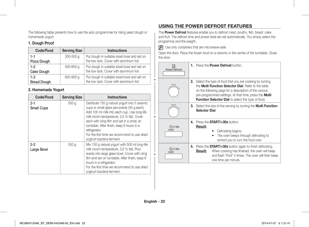 Samsung MC28H5125AK/EF, MC28H5125AW/EF manual Using the Power Defrost Features, Press the Power Defrost button 