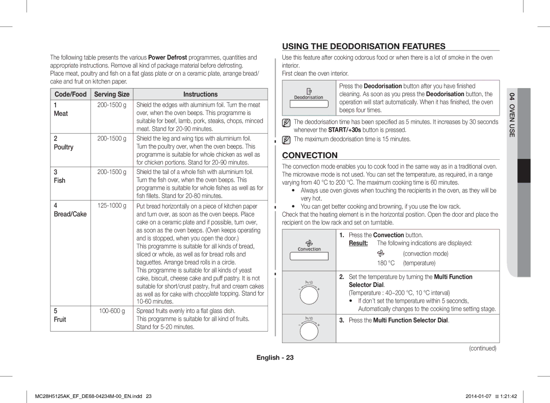 Samsung MC28H5125AW/EF, MC28H5125AK/EF manual Using the Deodorisation Features, Convection 