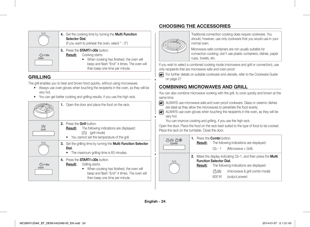 Samsung MC28H5125AK/EF, MC28H5125AW/EF manual Grilling, Choosing the Accessories, Combining Microwaves and Grill 