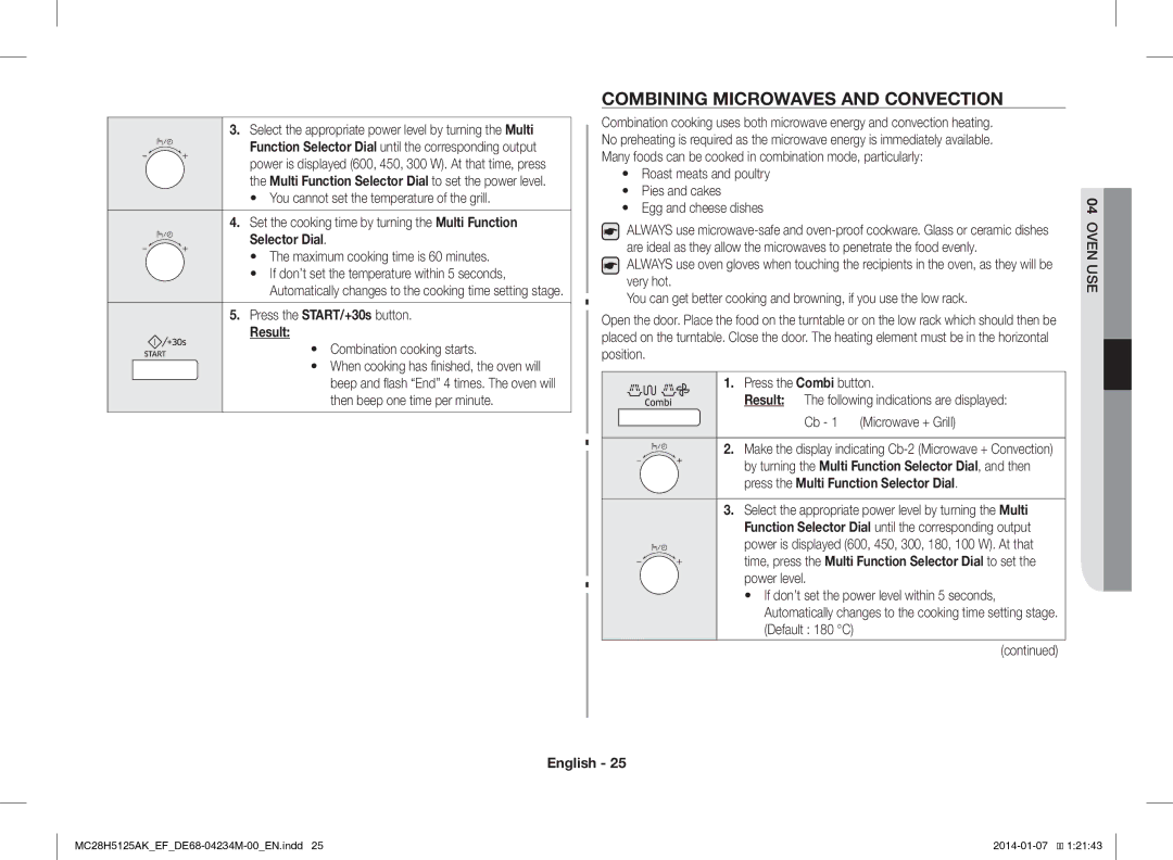 Samsung MC28H5125AW/EF, MC28H5125AK/EF manual Combining Microwaves and Convection, Combination cooking starts, Default 180 C 