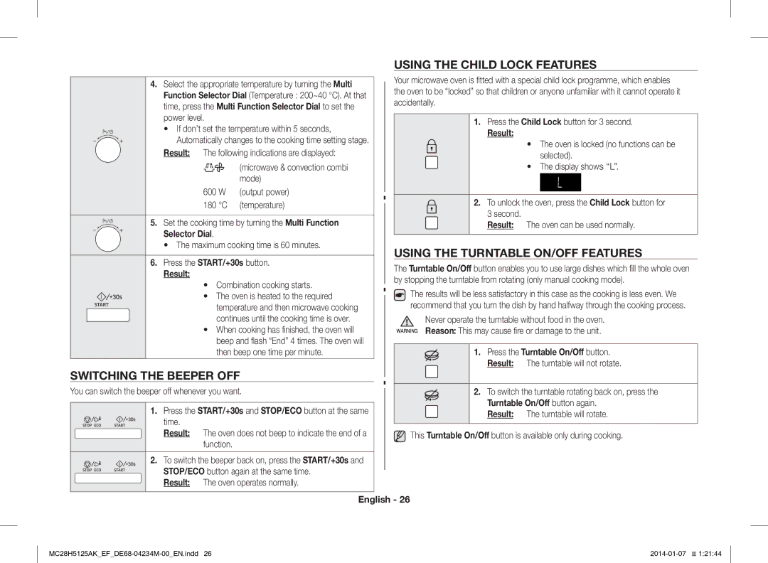 Samsung MC28H5125AK/EF manual Switching the Beeper OFF, Using the Child Lock Features, Using the Turntable ON/OFF Features 