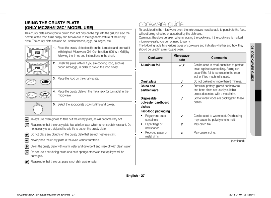 Samsung MC28H5125AW/EF, MC28H5125AK/EF manual Cookware guide, Using the Crusty Plate only MC28H5125C* Model USE 