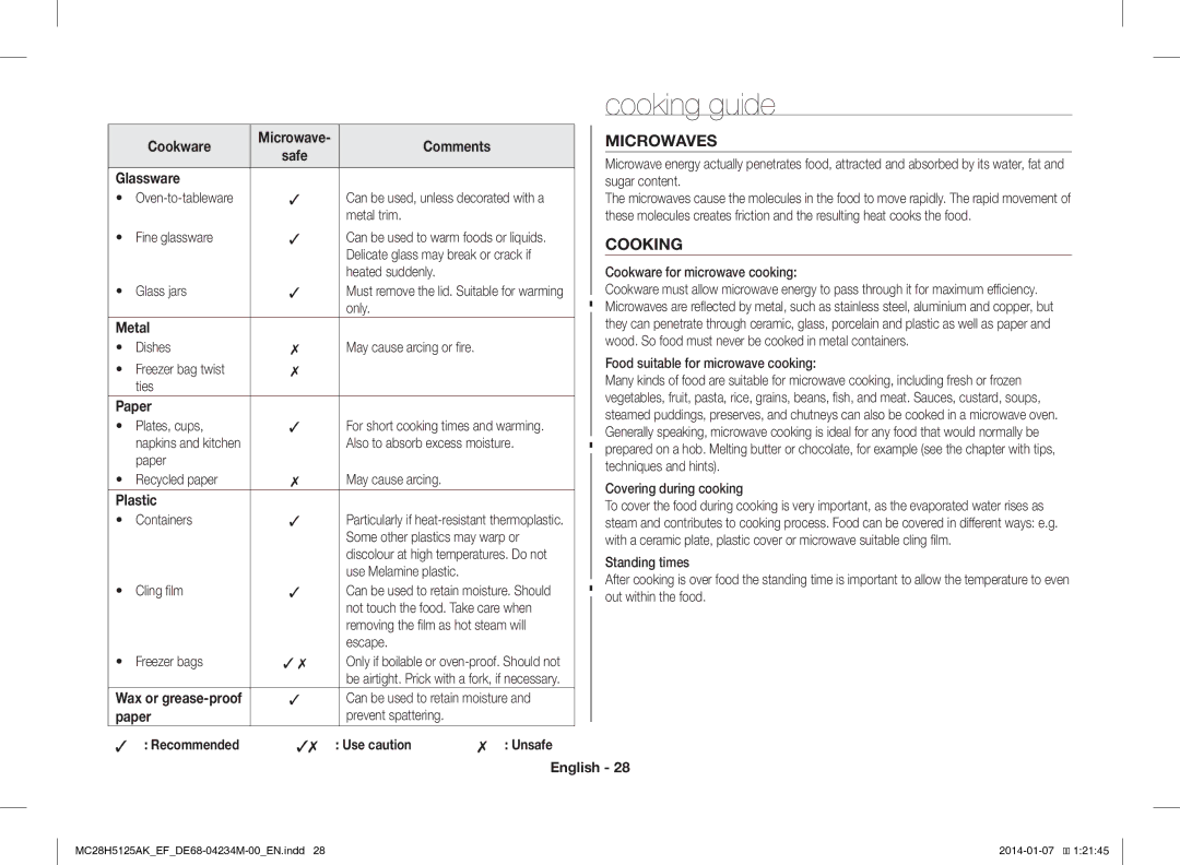 Samsung MC28H5125AK/EF, MC28H5125AW/EF manual Cooking guide, Microwaves 