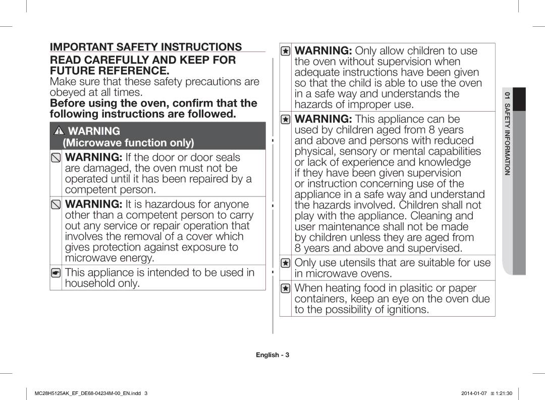 Samsung MC28H5125AW/EF, MC28H5125AK/EF manual Read Carefully and Keep for Future Reference 