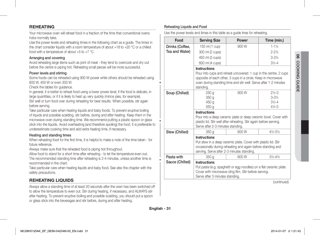 Samsung MC28H5125AW/EF, MC28H5125AK/EF manual Reheating Liquids, Food 