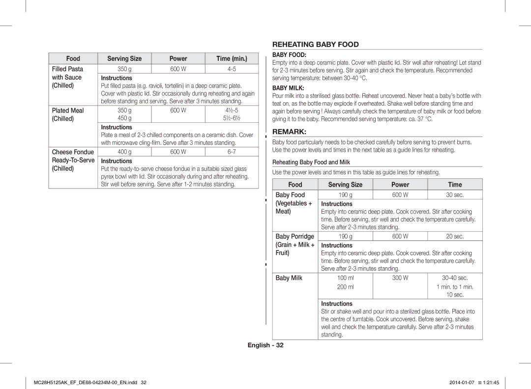 Samsung MC28H5125AK/EF, MC28H5125AW/EF manual Reheating Baby Food, Remark, Food Serving Size 