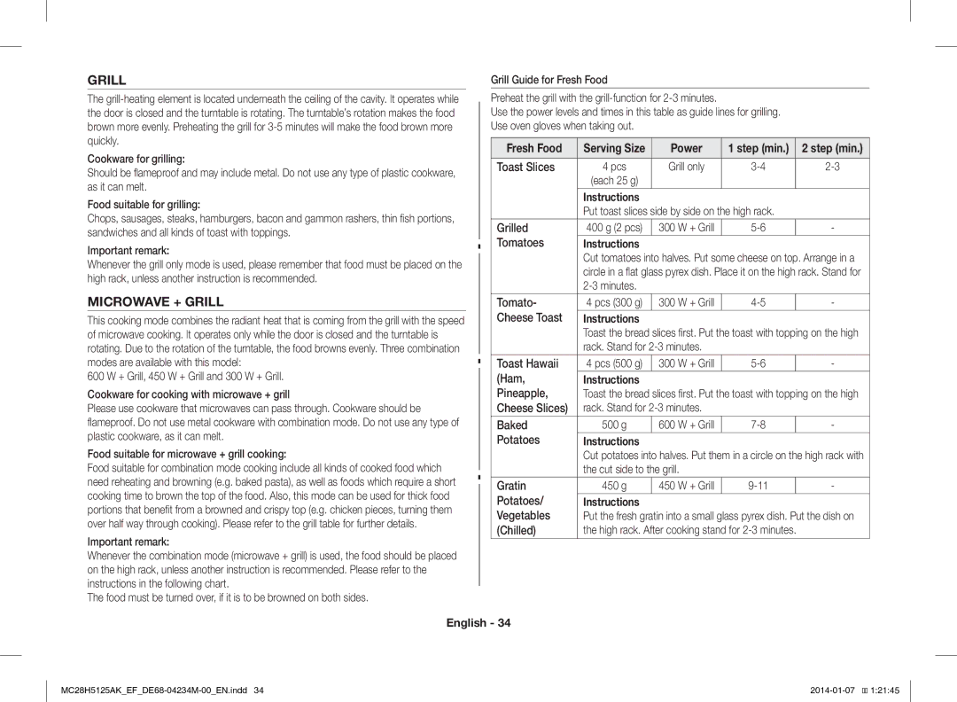 Samsung MC28H5125AK/EF, MC28H5125AW/EF manual Microwave + Grill, Fresh Food 