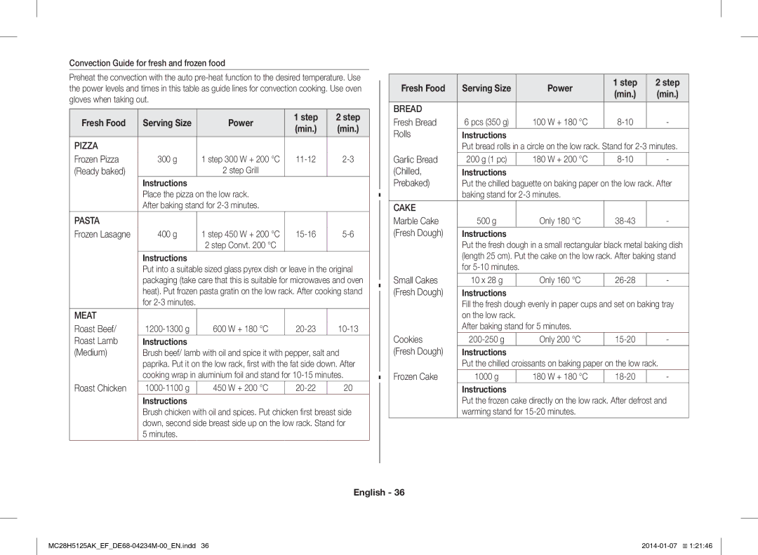 Samsung MC28H5125AK/EF, MC28H5125AW/EF manual Power Step, Fresh Bread, Rolls 
