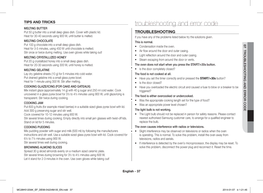 Samsung MC28H5125AW/EF, MC28H5125AK/EF manual Troubleshooting and error code, Tips and Tricks 