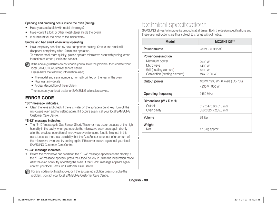 Samsung MC28H5125AK/EF Technical specifications, Error Code, SE message indicates, Message indicates, Model MC28H5125 