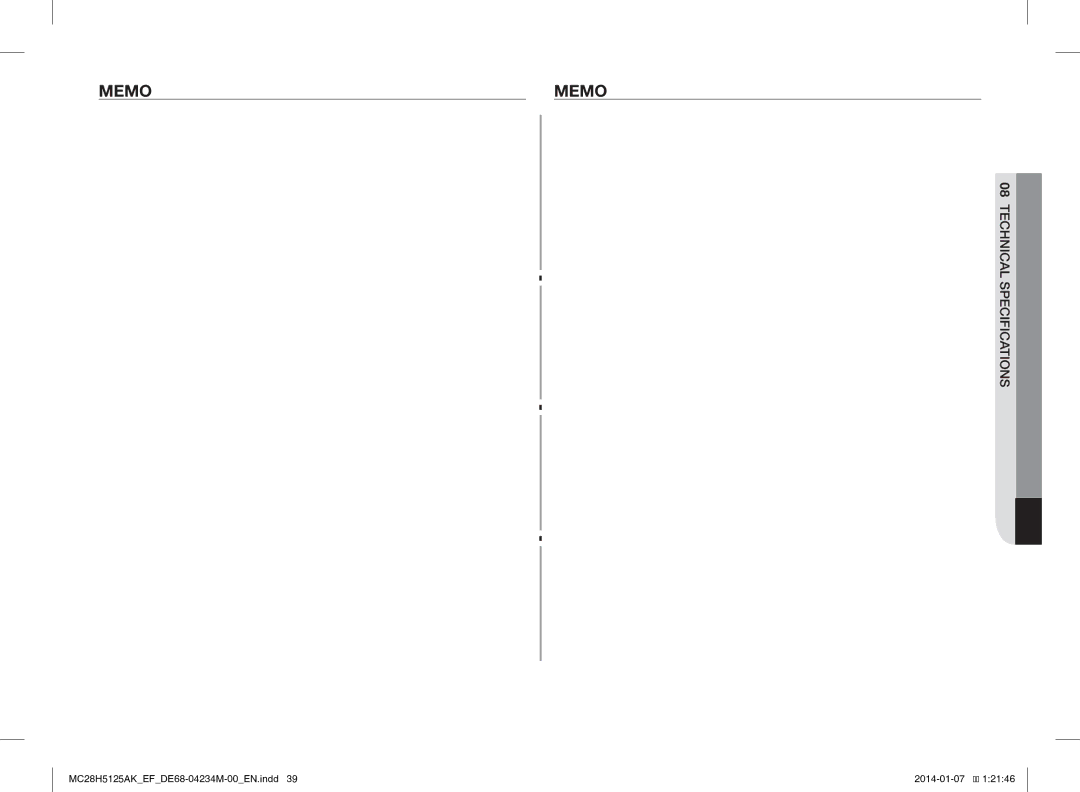 Samsung MC28H5125AW/EF, MC28H5125AK/EF manual Memo, Technical Specifications 