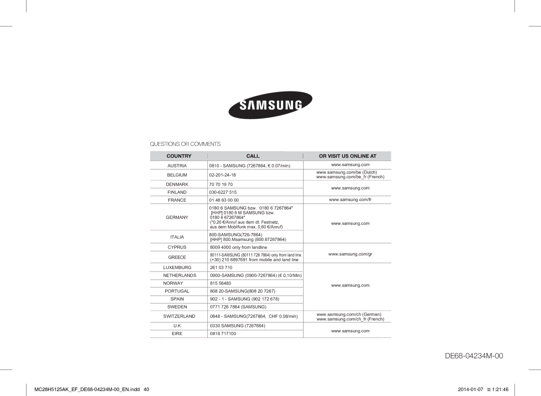 Samsung MC28H5125AK/EF, MC28H5125AW/EF manual DE68-04234M-00 