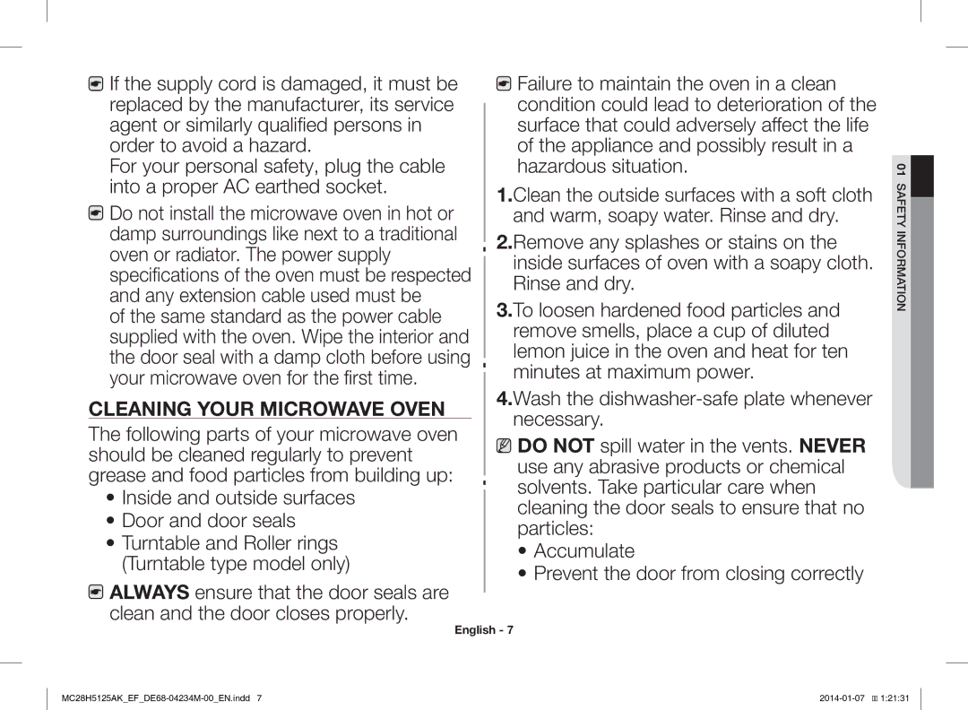 Samsung MC28H5125AW/EF, MC28H5125AK/EF manual Cleaning Your Microwave Oven 