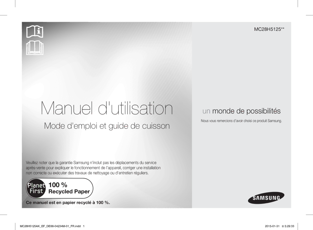 Samsung MC28H5125AW/EF, MC28H5125AK/EF manual Ce manuel est en papier recyclé à 100 % 