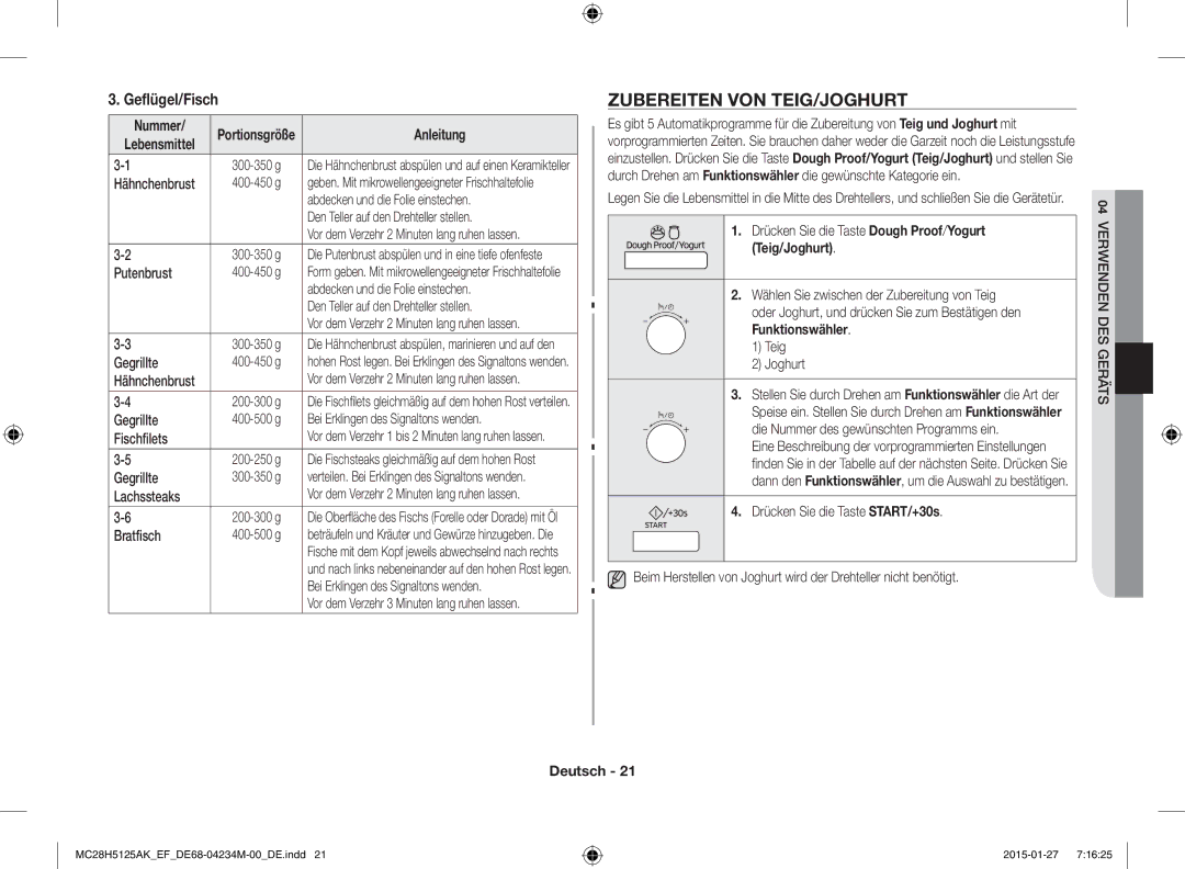Samsung MC28H5125AW/EF, MC28H5125AK/EF manual Zubereiten VON TEIG/JOGHURT, Geflügel/Fisch 