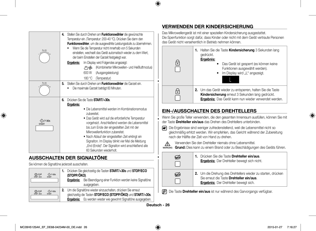 Samsung MC28H5125AK/EF manual Ausschalten DER Signaltöne, Verwenden DER Kindersicherung, EIN-/AUSSCHALTEN DES Drehtellers 