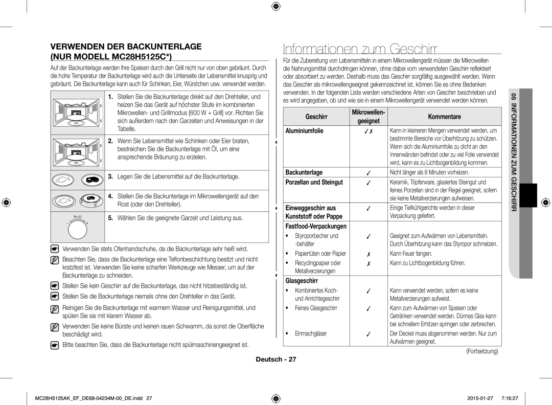 Samsung MC28H5125AW/EF, MC28H5125AK/EF manual Informationen zum Geschirr, Verwenden DER Backunterlage NUR Modell MC28H5125C 