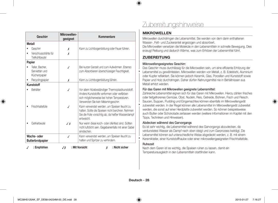 Samsung MC28H5125AK/EF, MC28H5125AW/EF manual Zubereitungshinweise, Mikrowellen 