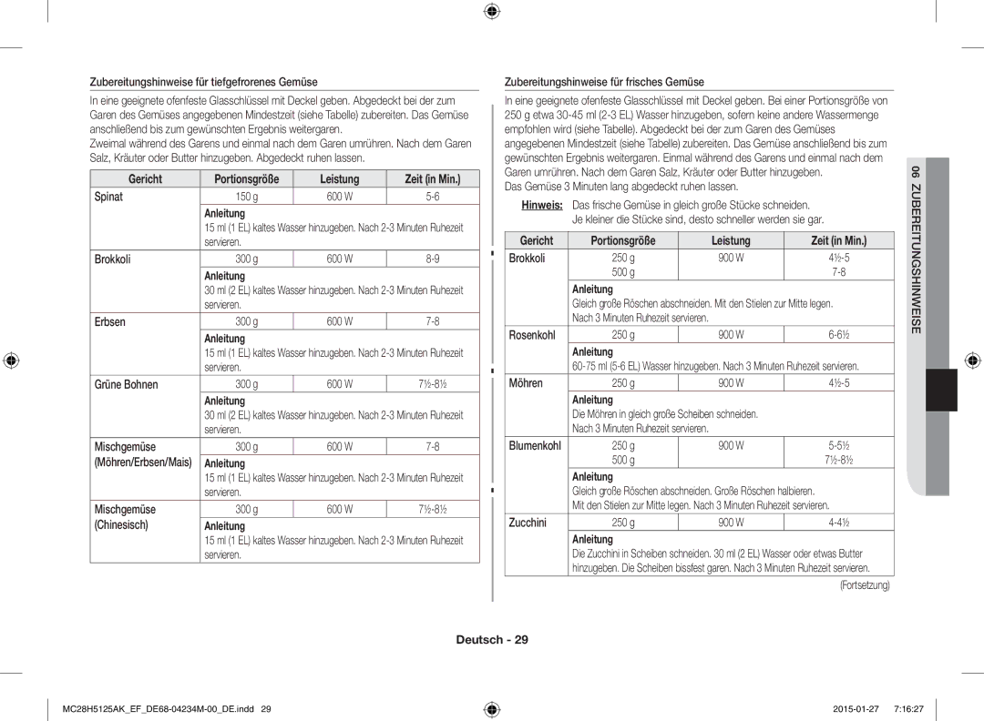 Samsung MC28H5125AW/EF, MC28H5125AK/EF manual Gericht, Leistung Zeit in Min 