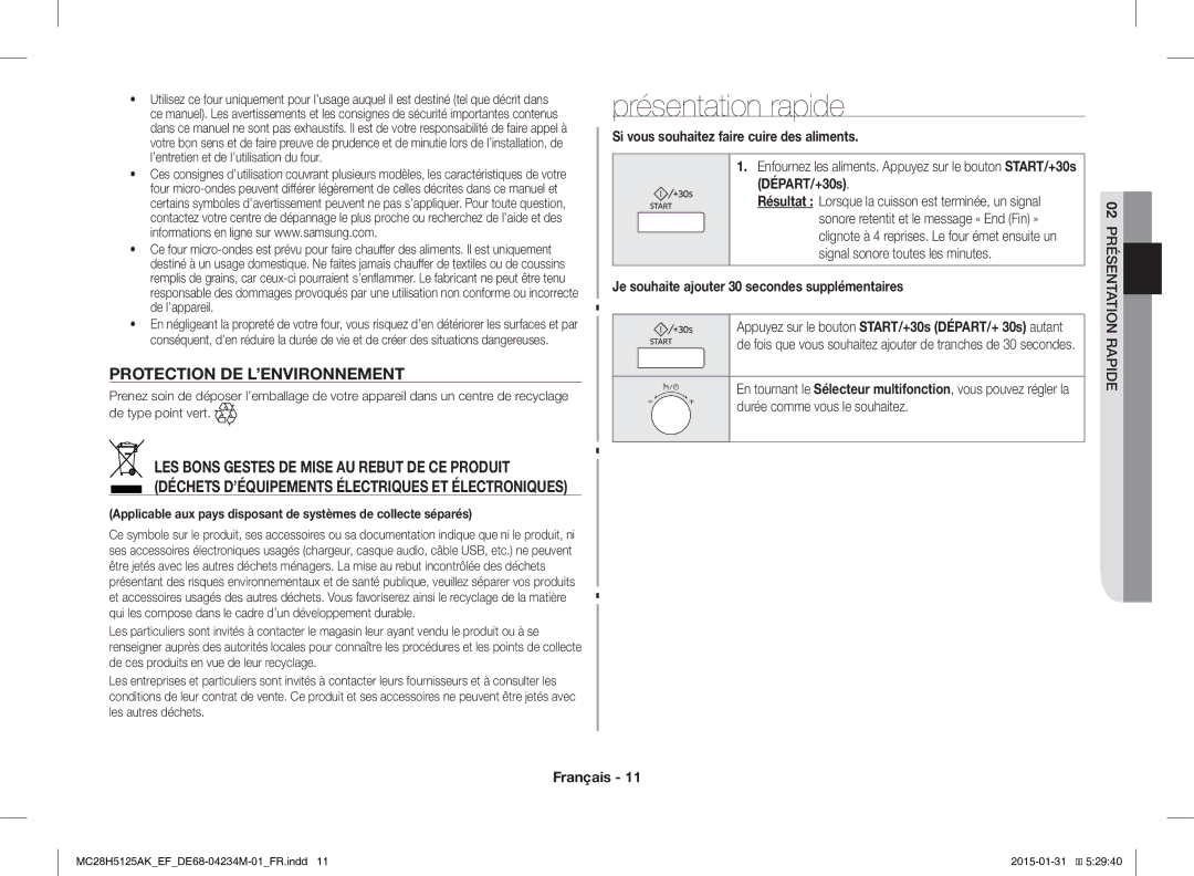 Samsung MC28H5125AW/EF Présentation rapide, Protection DE L’ENVIRONNEMENT, Si vous souhaitez faire cuire des aliments 