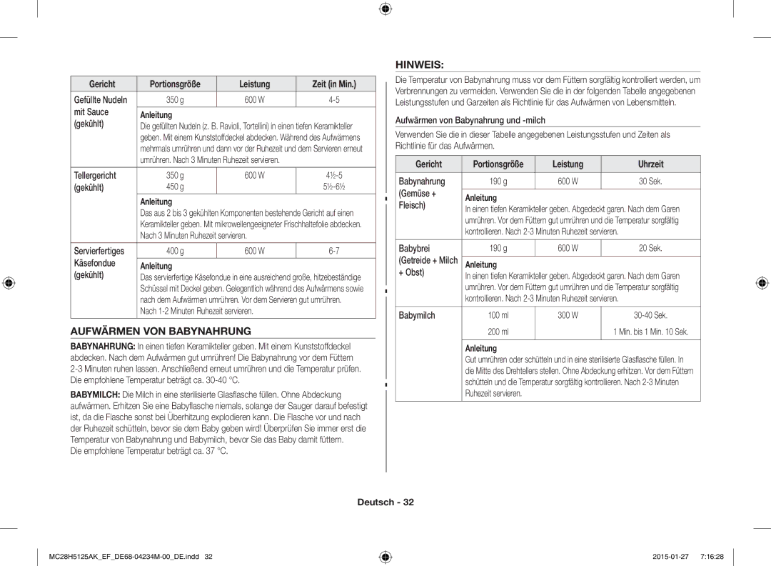 Samsung MC28H5125AK/EF, MC28H5125AW/EF manual Aufwärmen VON Babynahrung, Hinweis, Leistung Uhrzeit 