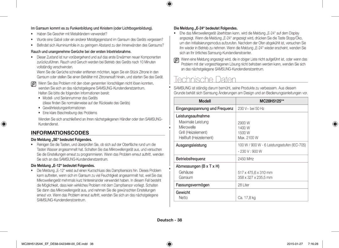 Samsung MC28H5125AK/EF, MC28H5125AW/EF manual Technische Daten, Informationscodes 