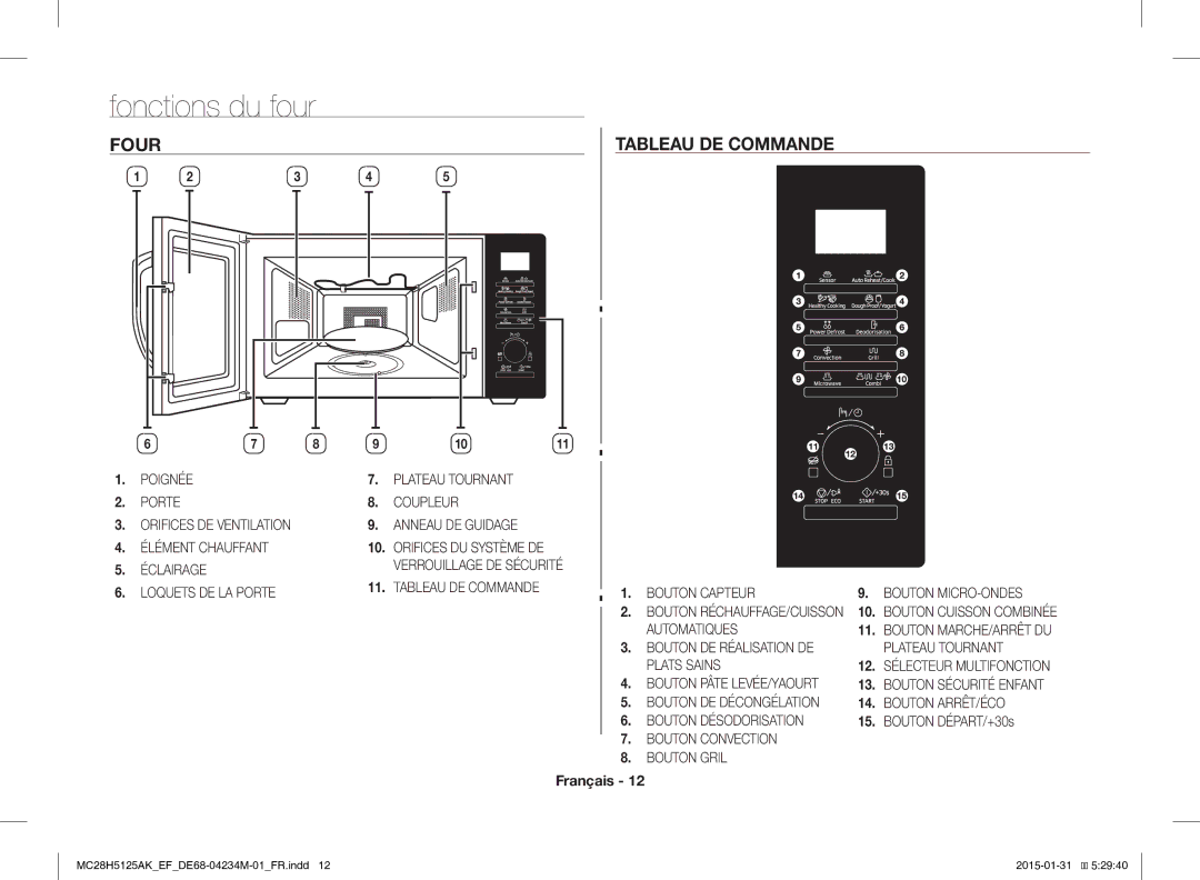 Samsung MC28H5125AK/EF, MC28H5125AW/EF manual Fonctions du four, Four Tableau DE Commande, Bouton DÉPART/+30s 