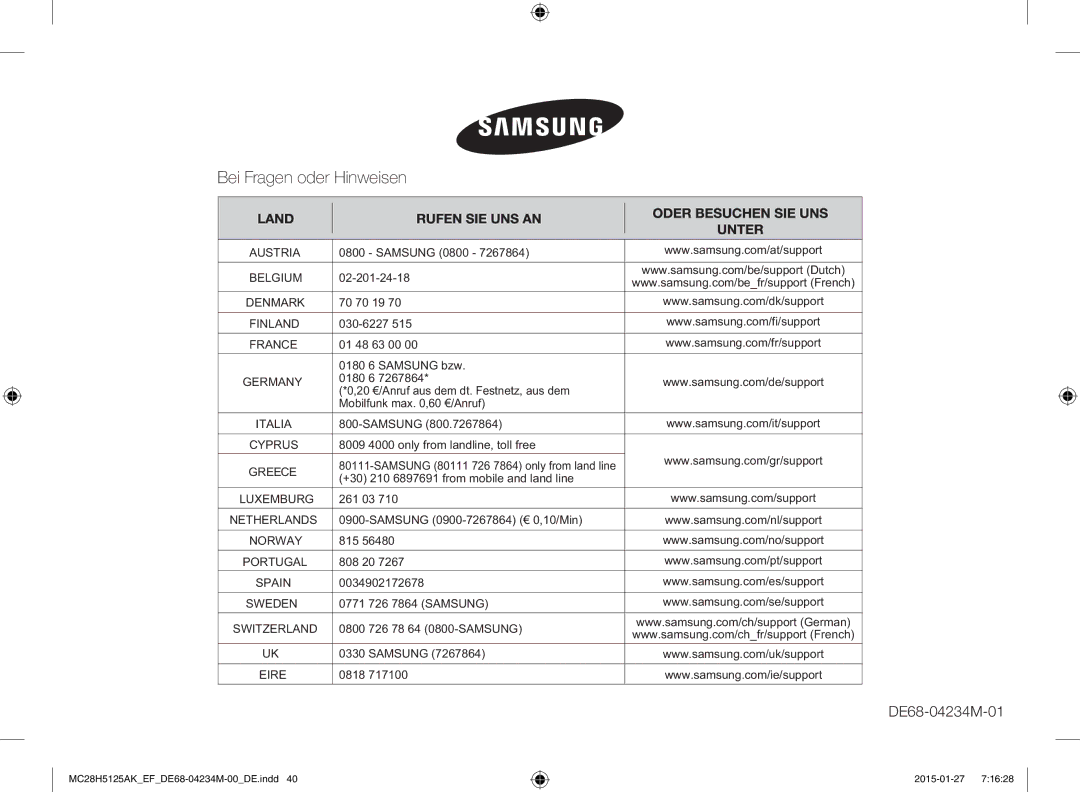 Samsung MC28H5125AK/EF Samsung 0800, 02-201-24-18, 70 70 19, 030-6227, 01 48 63 00 0180 6 Samsung bzw, 261 03, 815, 808 20 