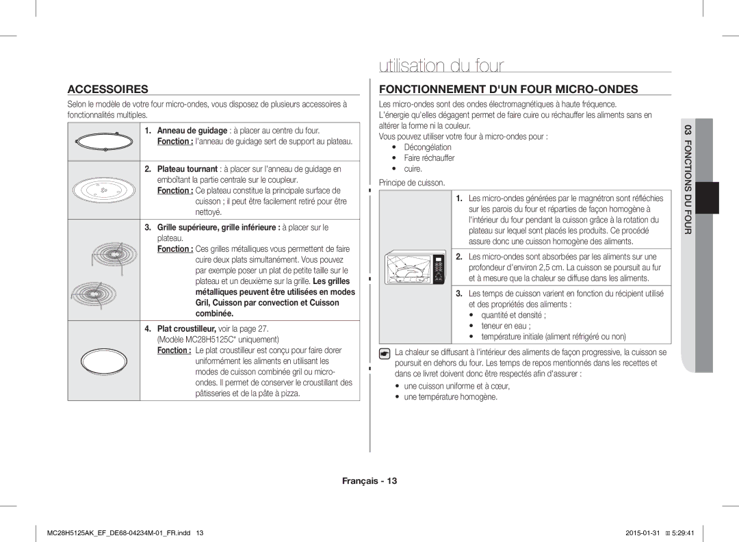 Samsung MC28H5125AW/EF, MC28H5125AK/EF manual Utilisation du four, Accessoires, Fonctionnement DUN Four MICRO-ONDES, Plateau 