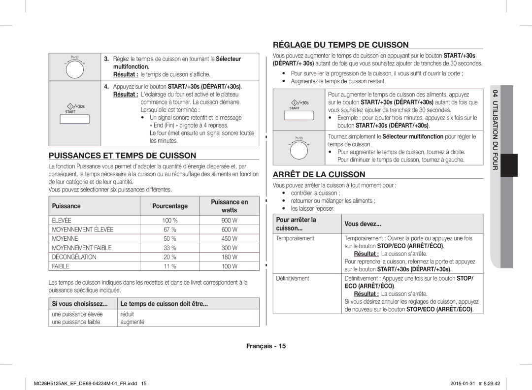 Samsung MC28H5125AW/EF, MC28H5125AK/EF Puissances ET Temps DE Cuisson, Réglage DU Temps DE Cuisson, Arrêt DE LA Cuisson 