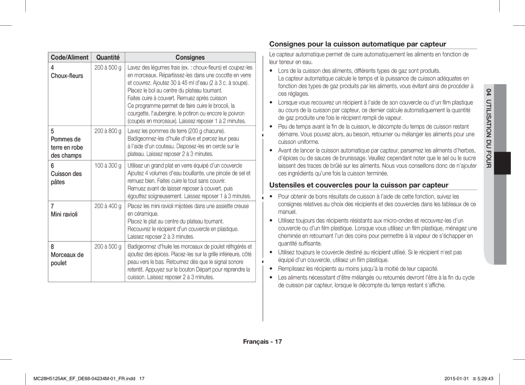 Samsung MC28H5125AW/EF, MC28H5125AK/EF manual Consignes pour la cuisson automatique par capteur 