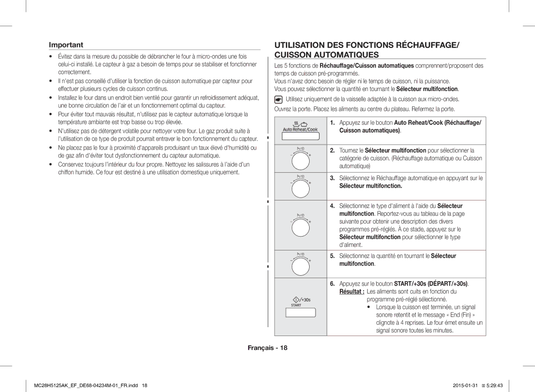 Samsung MC28H5125AK/EF manual Utilisation DES Fonctions RÉCHAUFFAGE/ Cuisson Automatiques, Sélecteur multifonction 