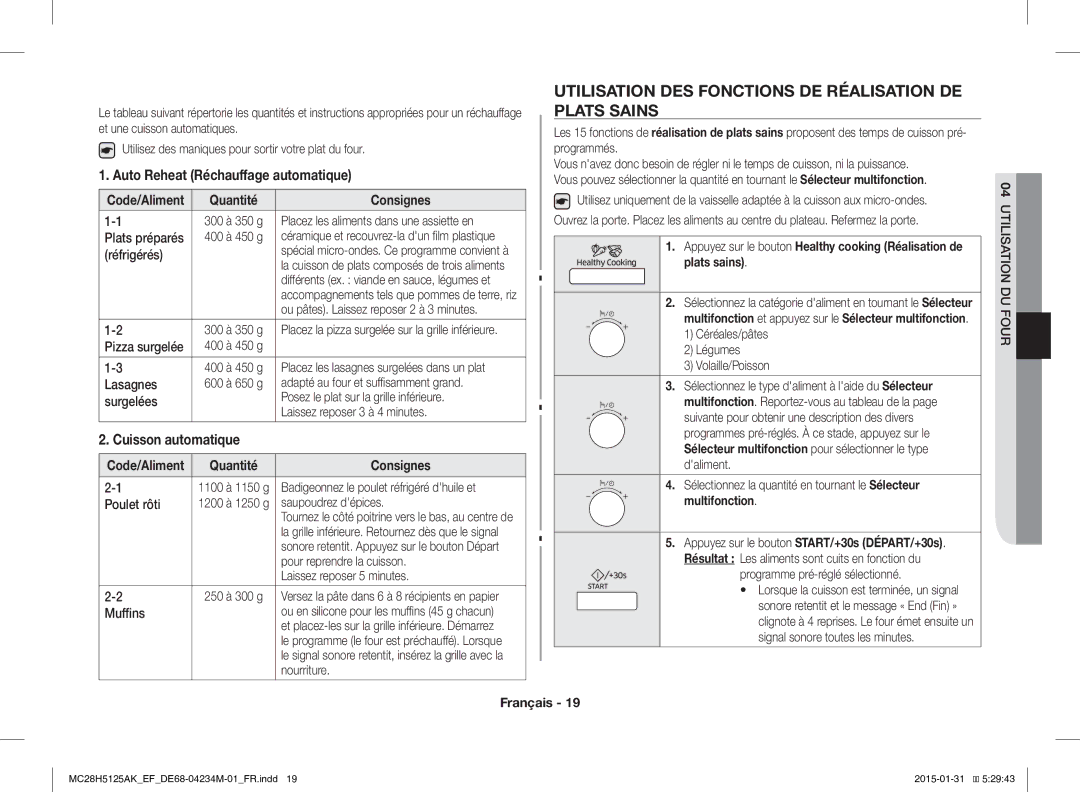 Samsung MC28H5125AW/EF manual Utilisation DES Fonctions DE Réalisation DE, Plats Sains, Automatique, Cuisson automatique 