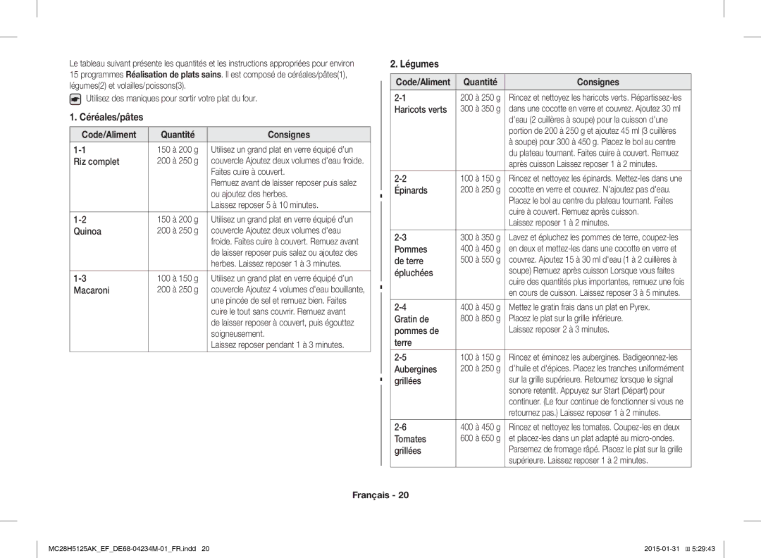 Samsung MC28H5125AK/EF, MC28H5125AW/EF manual Céréales/pâtes, Légumes, Code/Aliment Quantité Consignes 