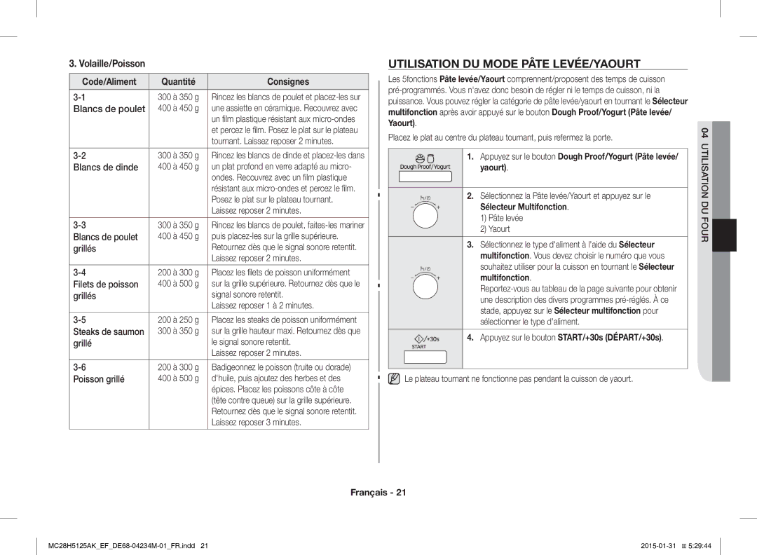 Samsung MC28H5125AW/EF, MC28H5125AK/EF manual Utilisation DU Mode Pâte LEVÉE/YAOURT, Volaille/Poisson 