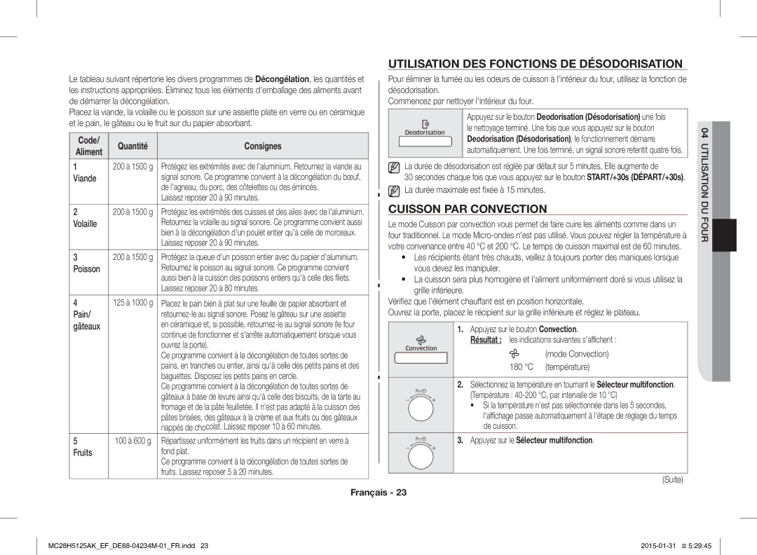 Samsung MC28H5125AW/EF manual Utilisation DES Fonctions DE Désodorisation, Cuisson PAR Convection, Code Quantité Consignes 