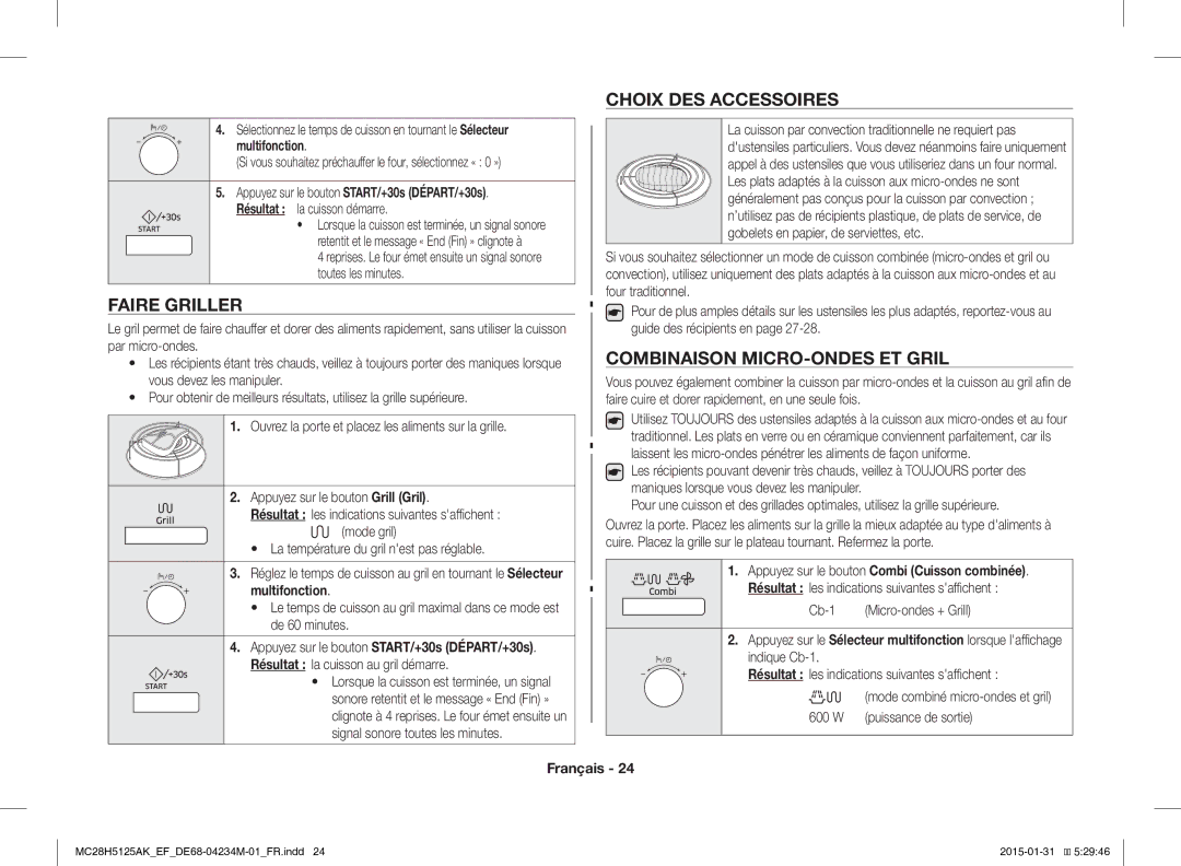 Samsung MC28H5125AK/EF, MC28H5125AW/EF manual Faire Griller, Choix DES Accessoires, Combinaison MICRO-ONDES ET Gril 