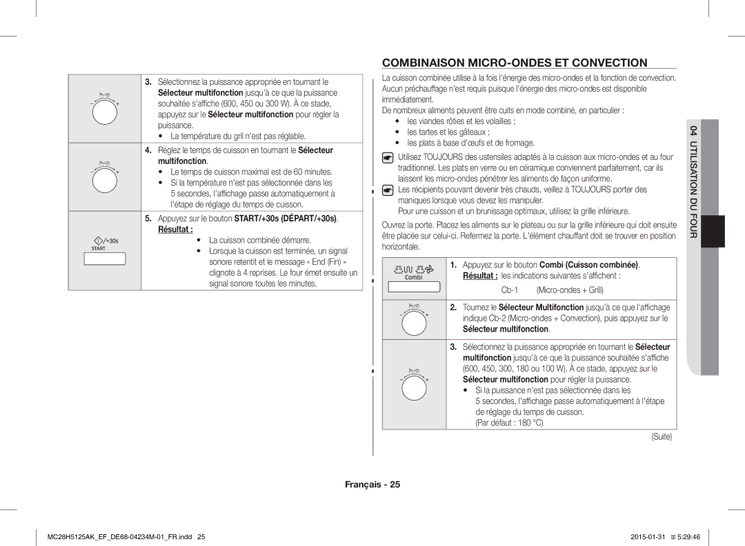 Samsung MC28H5125AW/EF manual Combinaison MICRO-ONDES ET Convection, La cuisson combinée démarre, Cb-1 Micro-ondes + Grill 