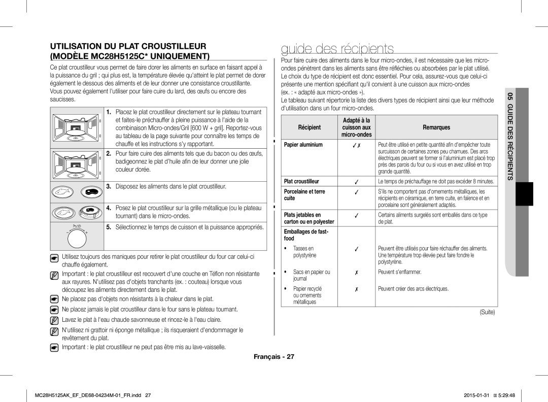 Samsung MC28H5125AW/EF, MC28H5125AK/EF manual Guide des récipients, Récipient, Remarques 