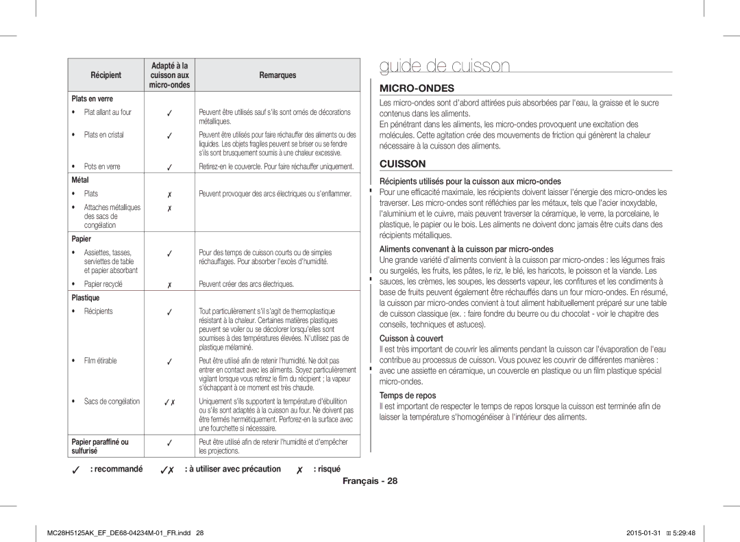 Samsung MC28H5125AK/EF manual Guide de cuisson, Micro-Ondes, Cuisson, Recommandé Utiliser avec précaution Risqué Français 