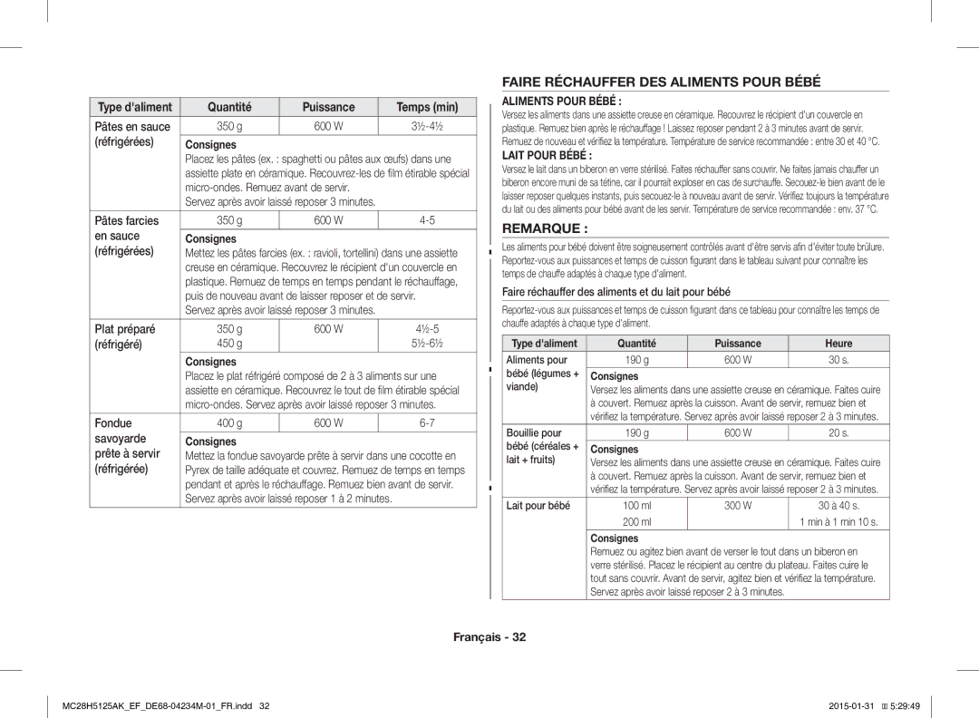 Samsung MC28H5125AK/EF, MC28H5125AW/EF manual Faire Réchauffer DES Aliments Pour Bébé, Remarque 