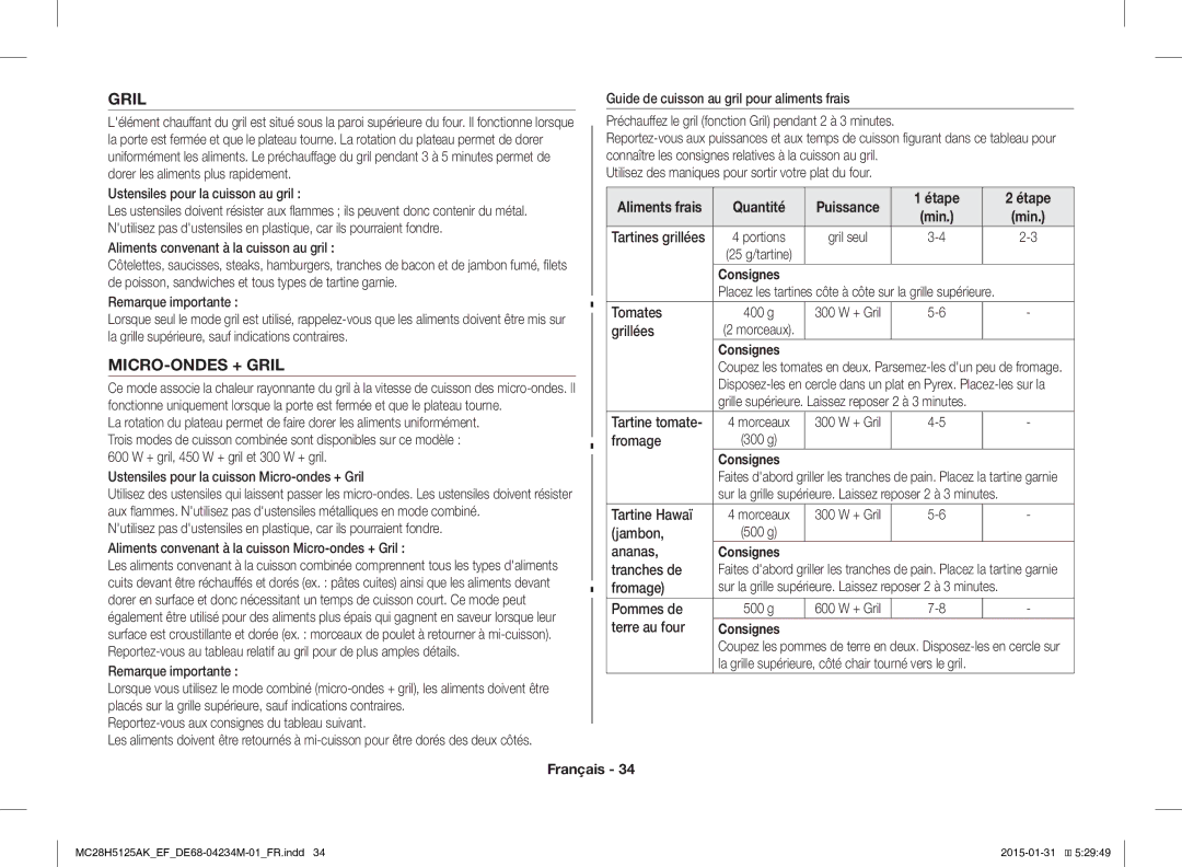 Samsung MC28H5125AK/EF, MC28H5125AW/EF manual MICRO-ONDES + Gril, Étape 