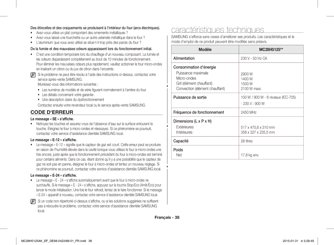 Samsung MC28H5125AK/EF, MC28H5125AW/EF manual Caractéristiques techniques, Code Derreur 