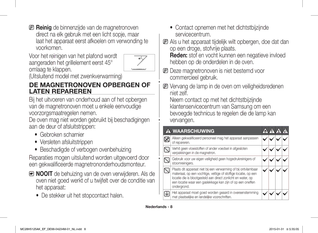 Samsung MC28H5125AK/EF Uitsluitend model met zwenkverwarming, Vervang de lamp in de oven om veiligheidsredenen niet zelf 