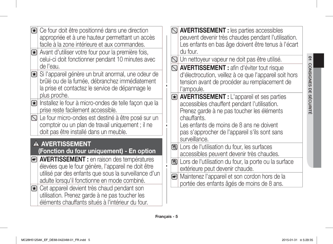 Samsung MC28H5125AW/EF, MC28H5125AK/EF manual Fonction du four uniquement En option 