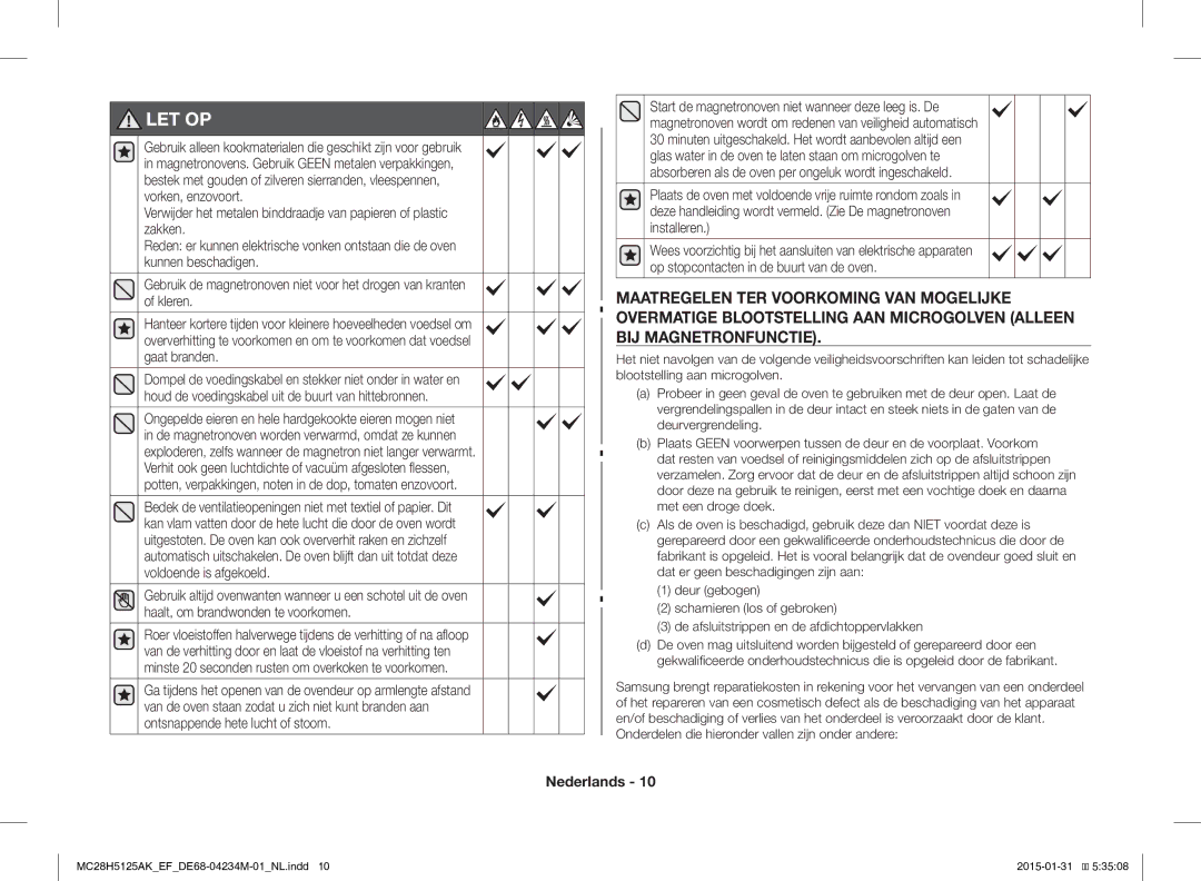 Samsung MC28H5125AK/EF, MC28H5125AW/EF manual Let Op 